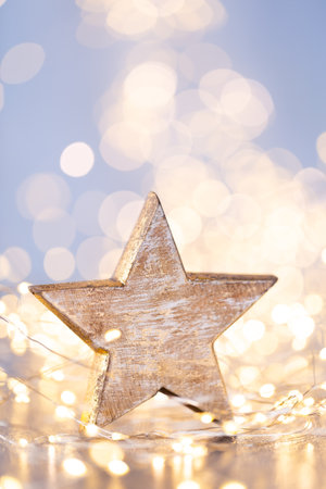 Christmas decor on blue bokeh background.の写真素材
