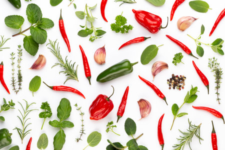 Spice herbal leaves and chili pepper on white background. Vegetables pattern. Floral and vegetables on white background. Top view, flat lay.の写真素材