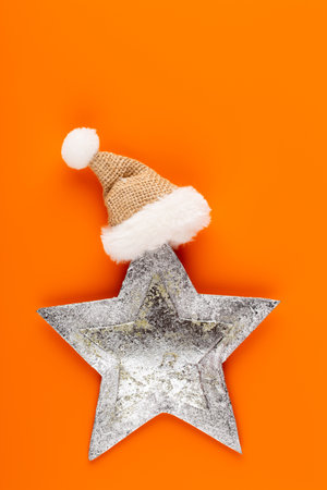 Christmas composition. Christmas decorations on orange background. Flat lay, top view, copy space.の写真素材