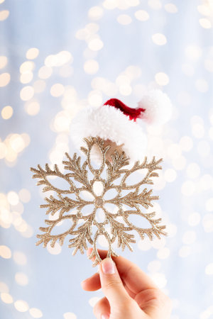 Vintage Christmas background with Christmas decoration. Christmas greeting card. Festive decoration on bokex silver background. New Year concept. Copy space. Flat lay. Top view.の写真素材