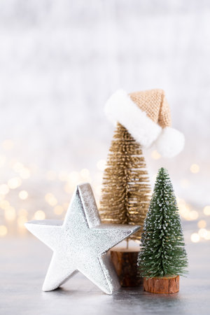 Christmas tree on silver, bokeh background.の写真素材
