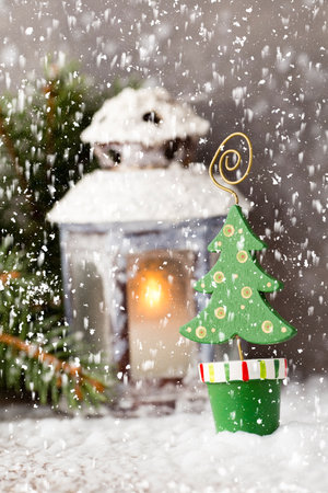Lantern with christmas tree, Christmas decor. Greeting Card.の写真素材