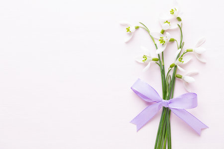Fresh snowdrops on pink background with place for text. Spring greeting card. Flat lay.の写真素材