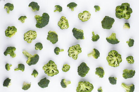 Broccoli pattern isolated on a white background. Various multiple parts of broccoli flower. Top view.の写真素材