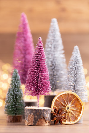Colorful Christmas tree on bokeh background. Christmas holiday celebration concept. Greeting card.の写真素材