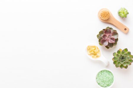 Spa background with a space for a text. Spa wellnes greeting card. aromatherapy theme , handmade bio cosmetic. Flat lay.の写真素材