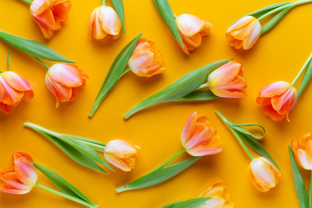 Yellow pastels color tulips on the yellow background. Retro vintage style. Still life, flat lay art.の写真素材