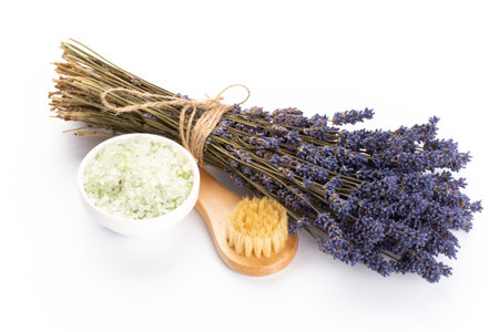 Natural cosmetics with lavender and orange, lemon  for homemade spa on white background top view mock up.の写真素材