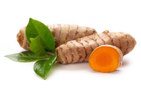 Close up Turmeric, Curcuma longa Linn, rhizome isolated on white background.の写真素材