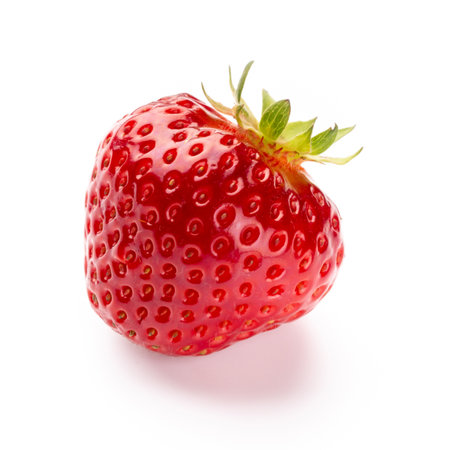 Single strawberry fruit isolated on whiteの写真素材