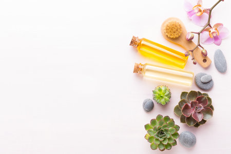Spa background with a space for a text. Spa wellnes greeting card. aromatherapy theme , handmade bio cosmetic. Flat lay.の写真素材
