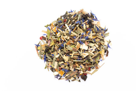 Herbal tea on a white background. Fruit and herbal, tea, turmeric, ginger Top view.の写真素材