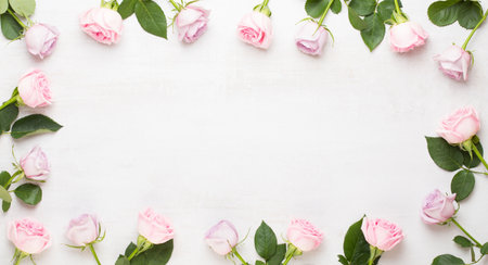 Spring greeting card, pastel color rose on the gray background.  Flower greeting card. Flat lay.の写真素材
