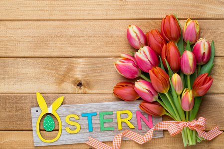 Spring greetings card with tulips for Easter, Mother's Day.の写真素材