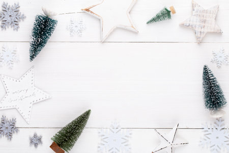 Vintage Christmas background with Christmas decoration. Christmas greeting card. New Year concept. Copy space. Flat lay. Top view.の写真素材