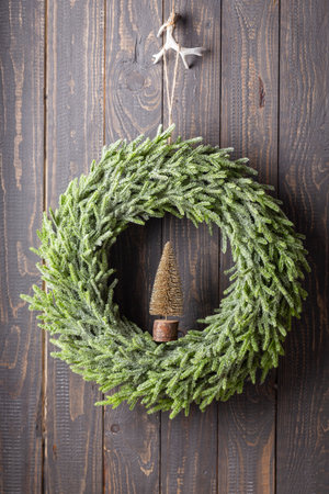 Close up of a Christmas wreath with a decor.の写真素材