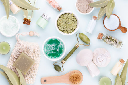 Spa and skin care homemade cosmetics. Bottles with spa cosmetic products on pastel background.の写真素材