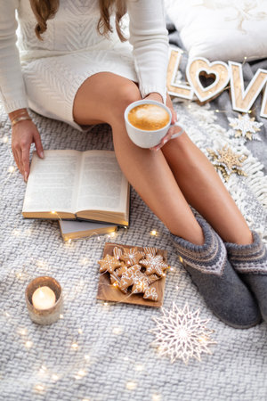 Cozy woman legs with christmas socks.の写真素材