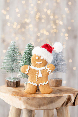 Tasty gingerbread cookies and Christmas decor on wooden background.の写真素材