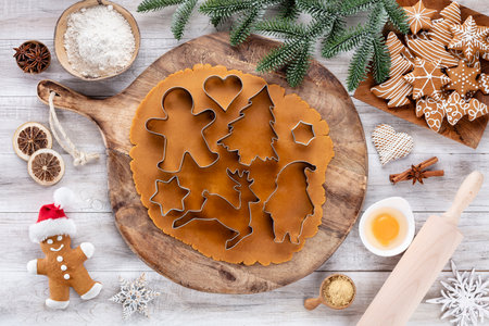 Making festive Christmas sweet cookies. Top view copyの写真素材