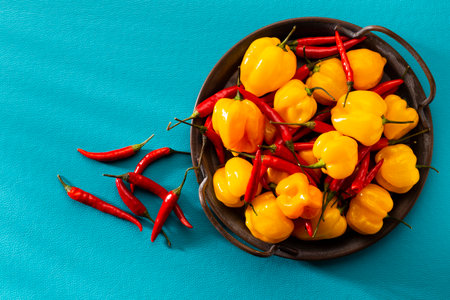 Chilli pattern with a pastel background, pattern background design.の写真素材
