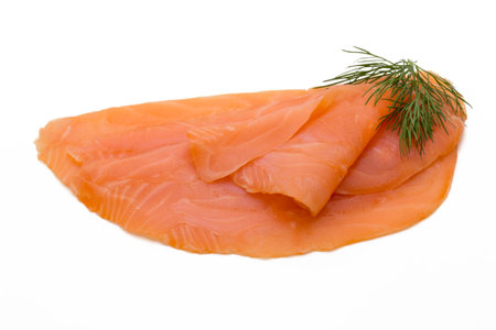 Fresh salmon slice and spice on the white background.の写真素材