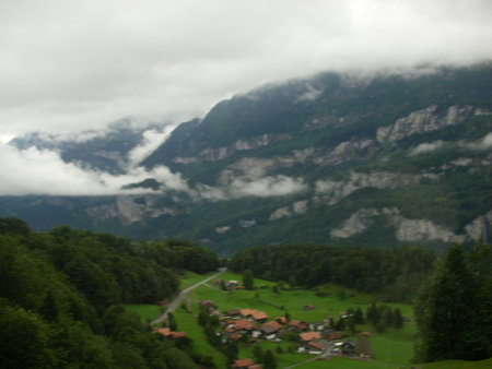panoramic view of a valley among the mountaiの写真素材
