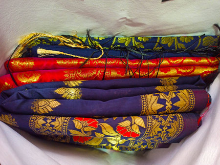 Colorful handkerchiefs for sale in a market in Indiaの写真素材