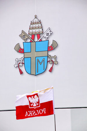 Rome, Italy - May 2, 2011 - polish flag and pope john paul II symbology during the celebration for the beatification of John Paul IIのeditorial素材