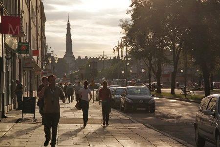 Czestochowa, Poland - August 11, 2011 - Urban view of the main street of Czestochowa, Aleja NMPのeditorial素材