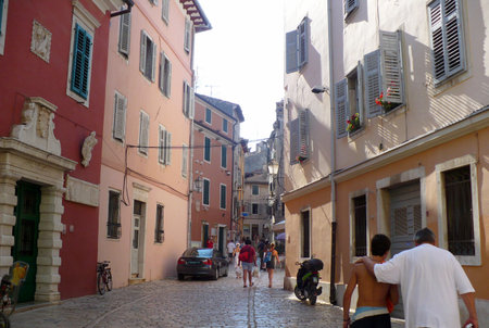Croatia, peninsula Istria, Rovinj - July 28, 2008: Old Croatian small street  のeditorial素材