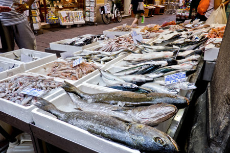 Fish stands at the open street market in the historic center of bolognaのeditorial素材