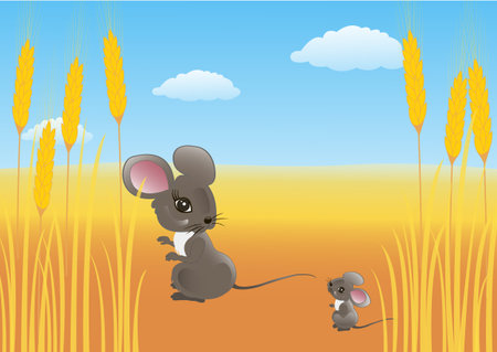 Mouse in a wheat field on a background of cloudsのイラスト素材