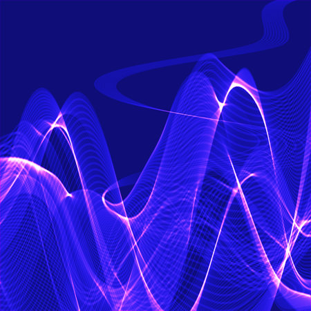 Blue shiny wavy ribbon on a dark blue backgroundの写真素材