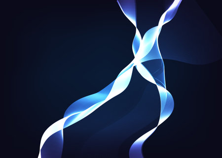 Blue wavy shiny ribbon on a dark backgroundのイラスト素材