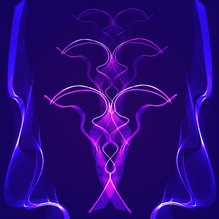 Blue and pink wavy shiny ribbons and stripes on a blue backgroundのイラスト素材