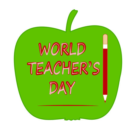 Inscription World Teacher's Day and pencil against the background of a green appleのイラスト素材