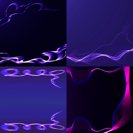 Set of four abstract blue backgrounds. Blue shiny wavy ribbon on a dark background. Vector illustration. EPS10のイラスト素材