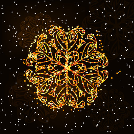 Golden snowflake in the snowの写真素材