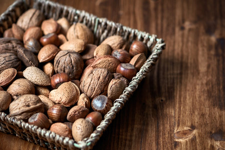 Wooden basket with natural snackの写真素材