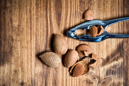 Almond on wooden tableの写真素材