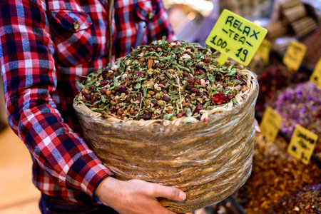 Man selling dry relax teaの写真素材