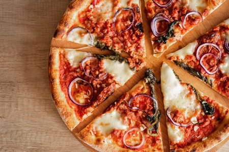 Pizza Salsiccia with spicy sausage ,red onion , fior di latte and tomato sauceの写真素材