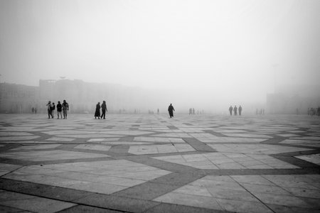 People outside Casablanca's Mosque, Moroccoの写真素材