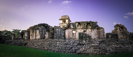 Color graded panoramic image of the ruins at the Palenque archeological site, Chiapas, Mexico.の写真素材
