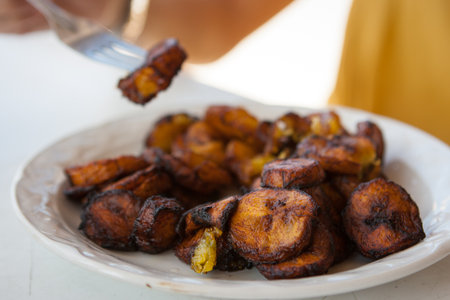 Deep fried banana (plantano frito), Celestun, Yucatan, Mexicoの写真素材
