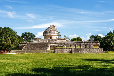 Panoramic view of the ancient observatory at Chichen Itza, Yucatan, Mexicoの写真素材