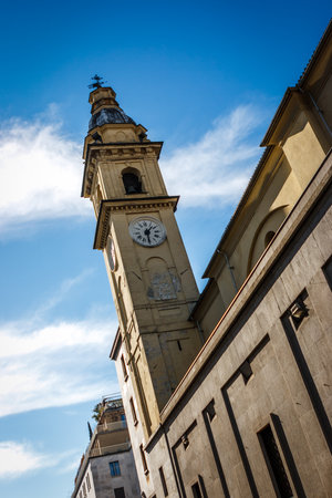 Steeple of the church of Saint Carlo Borromeo in Piazza San Carlo, Turin, Italy