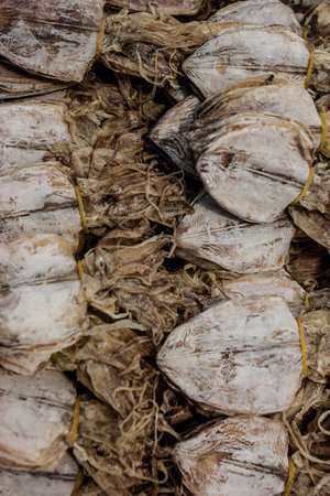 Closeup of some sun dried squid sold at a street food stall at the Chatuchak weekend market, Bangkok, Thailandの写真素材