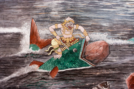 Details of the wall paintings depicting the myth of Ramakien in the Wat Phra Kaew Palace, also known as the Emerald Buddha Temple. Bangkok, Thailand.のeditorial素材